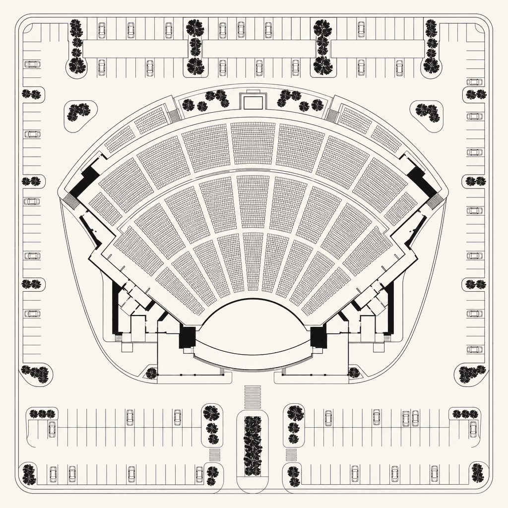 Overhead plan of an amphitheatre: fan-shaped seating tiers, a stage, and the parking lot around it