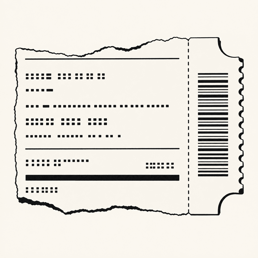 A torn thermal ticket stub with a perforated edge and a barcode